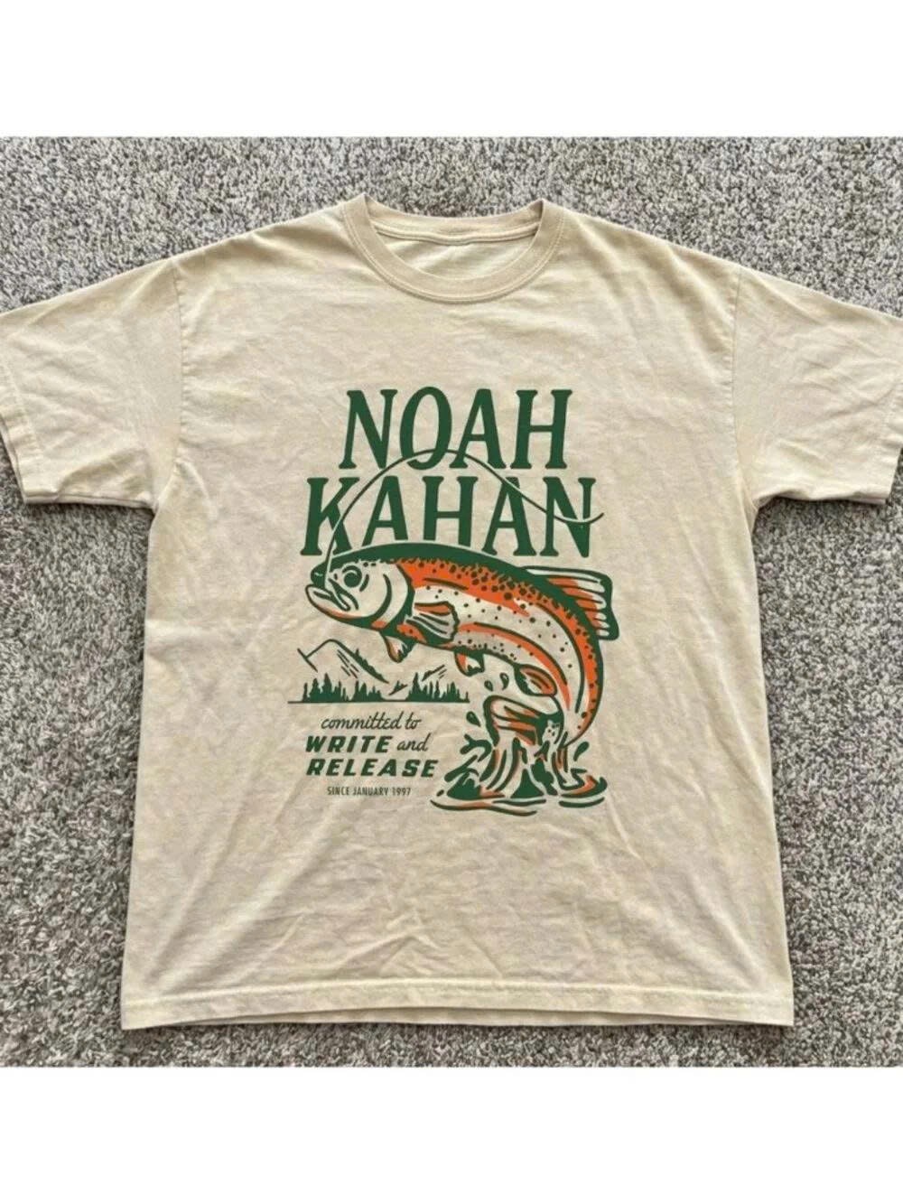 Gildan Cream Short-Sleeve Tee with Green and Orange Trout Graphic
